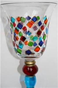   Wine Glasses Goblets Mouth Blown Hand Painted Harlequin Biot