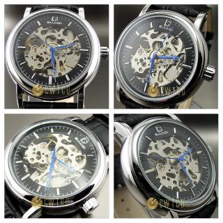   HOURS DIAL SILVER MECHANICAL AUTOMATIC LEATHER BLACK WRIST WATCH WT141