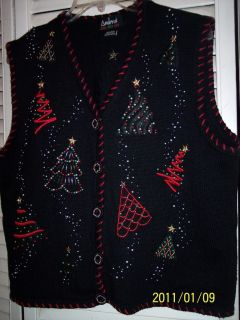 Black Vest Beaded Christmas Trees Ugly Sweater L