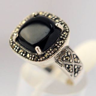 Marcasite and Black Onyx 925 Sterling Silver Ring Sz 8