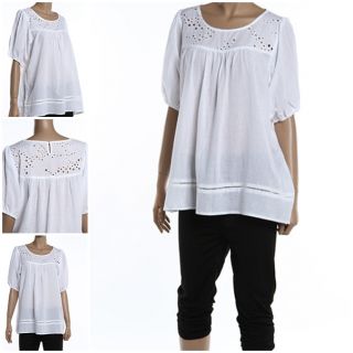 New Loose Dazzle A Line Blouse Cotton Short Sleeve Shirts Sz L White 