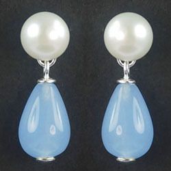   Silver White Freshwater Pearl Blue Chalcedony Briolette Earrings E086
