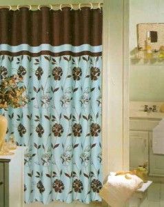 NIP Floral Blue Brown Fabric Shower Curtain 