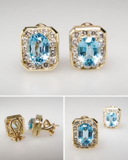 Blue Topaz Diamond Halo Earrings Omega Post Backs Solid 14k Gold Fine 