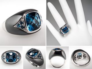 Blue Topaz Hematite Gemstone Cocktail Ring Solid 14k Gold Fine Jewelry 