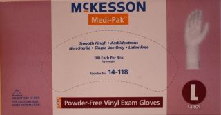 McKesson Medi Pak Powder Free Vinyl Exam Gloves Box 100 Size Large No 