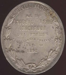 Bolivia Very RARE Railway Ferrocarril 1892 Silver Medal