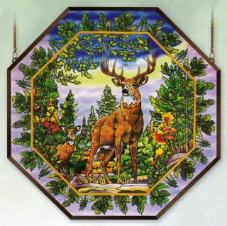 Elk Deer 22 Octagon Wapiti Moose Stained Glass Panel