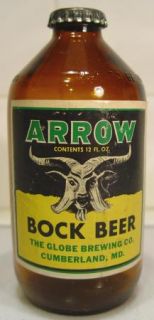 Arrow Bock Beer Bottle w Cap Crown Globe Brewing Co Cumberland MD Nice 