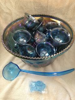    Glass Co Iridescent Blue Carnival Glass Punch Bowl 26pc Set no box