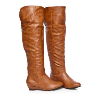   Fold Unfold Cuff Knee or Over The Knee High Subtle Wedge Boots Cognac