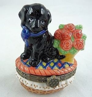 Black Lab Puppy in Basket Porcelain Hinged Box PHB Westland