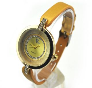    Golden Leather Diamond Wrist Watch Bracelet Cuff Jewelry