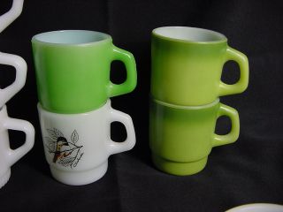 12 Vintage Milk Glass Mugs Advertising Fire King Others