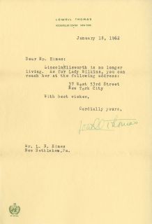    Thomas Writer Broadcaster Famous Traveler Autographed Vintage Letter
