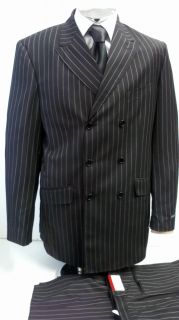 Mens 44 L 44L Double Breasted Black Pinstripe Gangster Vest Dress Suit 