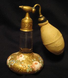 Vintage DeVilbiss Perfume Bottle Gold Art Glass with Enamel Floral 