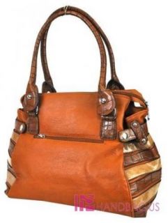   Inspired Crocodile STRIPE PU Leather Bowler Purse Handbag SET Brown