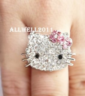 Cute Hello Kitty Crystal Bling Ring Adjustable In Gift Ring Box