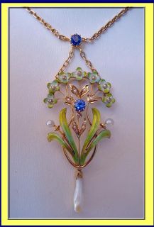 Antique Art Nouveau Necklace Gold Enamel Natural Pearl Sapphire 4198 