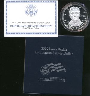 2009 P Louis Braille Proof Silver Mint Boxed Dollar Commem