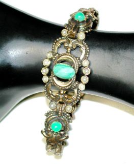   Renaissance Green Stone Pearls Antiqued Art Brass Link Bracelet