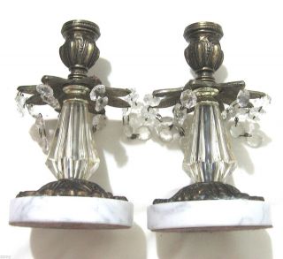 Brass Candle Holder with crystal dangles Marble Base Pair 7