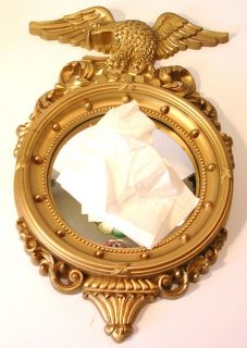 Vintage 1950s Small Syroco Bright Gold Eagle Bulls Eye Convex Mirror 