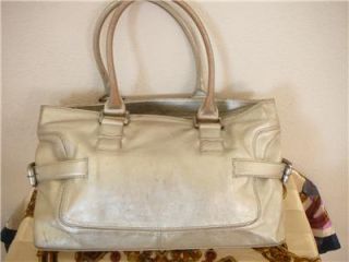 Michael Kors Metallic Brookville Silver Leather Buckle Satchel Handbag 
