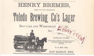 1881 Toledo Ohio Brewery Lager Beer Michigan H Bremer