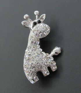 New Silver Tone Metal Giraffe Brooch Cartoon Crystal Rhinestone Pin 