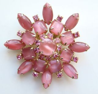 Vintage Petal Pink Pearly Art Glass Rhinestone Brooch Unsigned