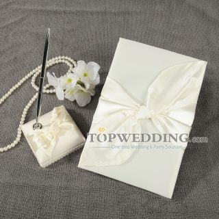 Hot White Satin Elegant Bowknot Wedding Guest Book and Pen Set 