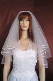 Bridal Veil Wedding 2T Ivory Elbow Scattered Pearl Satin Rattail Edge 