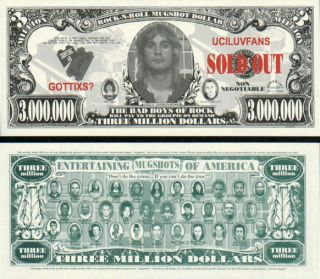 Lot of 5 Ozzy Osbourne MUGSHOT Fake 3 Million Dollar Novelty Bills 