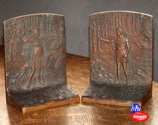 fine pair of antique archery theme cast bronze bookends featuring