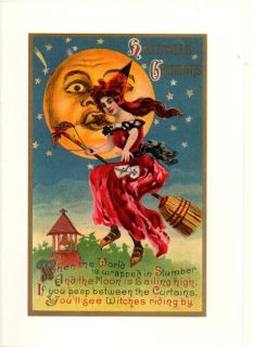 Witch Broom Halloween Greeting Cards Set of 2 Antique Vintage Repro 