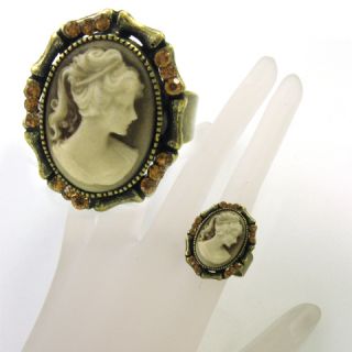 New Antique Gold Brass Brown Cameo Ring Adjustable R105