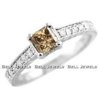 Princess Cognac Chocolate Brown Diamond Engagement Ring 14k White Gold 
