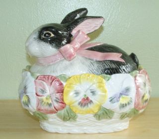Fitz Floyd Bunny Rabbit Pansy Parade Cookie Candy Jar Retired EXC 