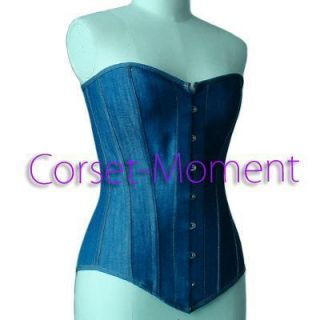    Sexy Lace Up DENIM Jean Metal Busk Overbust CORSET Fully Steel Boned