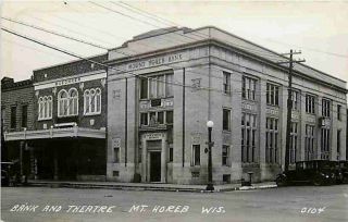   1930s Real Photo Postcard Mount Horeb Bank Buechner Theater