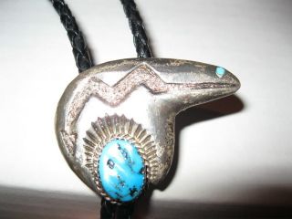    Silver Bolo Tie Bear Turquoise C Lee Excellent Native American Art