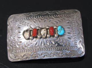 THOMAS Signed NAVAJO STERLING SILVER TURQUOISE CORAL BELT BUCKLE