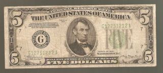1934 $5 FRN Federal Reserve Currency Note Green Seal Chicago IL