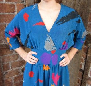 Vintage 1980s Abstract Print Dolman Sleeve Plunging Neckline Dress 