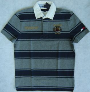 Mens Tommy Hilfiger s s Gray Navy Blue Stripe Rugby Polo Shirt Size S 