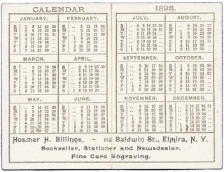   Bookseller Elmira NY 1893 Antique Calendar Victorian Trade Card