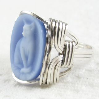 Siamese Cat Blue Agate Cameo Ring Sterling Silver