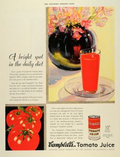 1933 Ad Campbells Tomato Juice Can Flowers Label Vase   ORIGINAL 